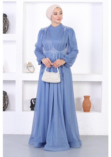 Incili Dantelli Simli Abiye Mavi 12252