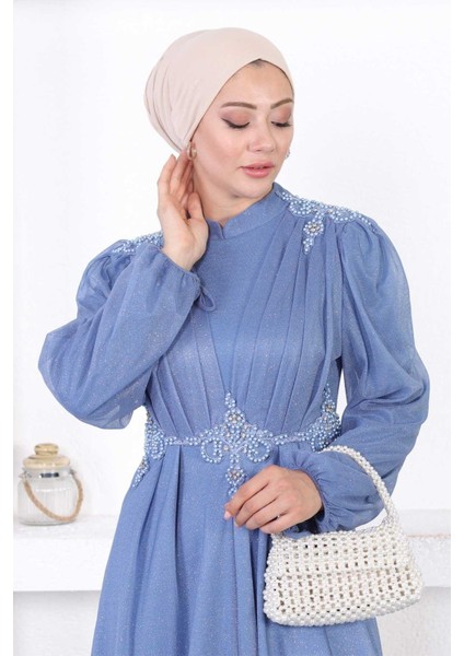 Incili Dantelli Simli Abiye Mavi 12252 fiyatları