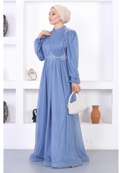 Incili Dantelli Simli Abiye Mavi 12252 modelleri