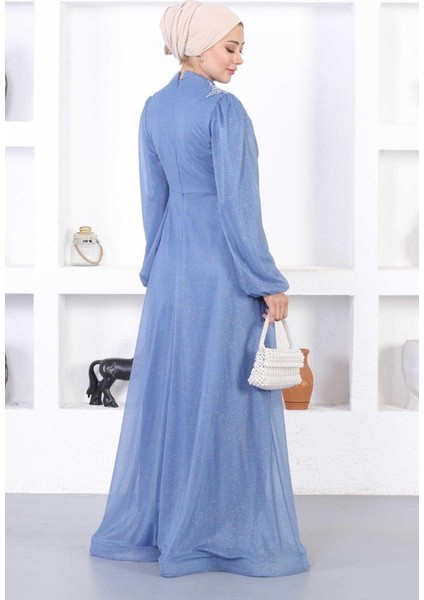 Incili Dantelli Simli Abiye Mavi 12252 indirimleri