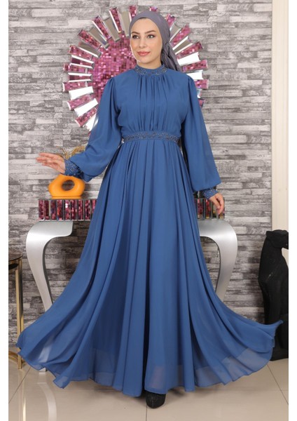 Taş Detaylı Şifon Abiye Indigo 19109