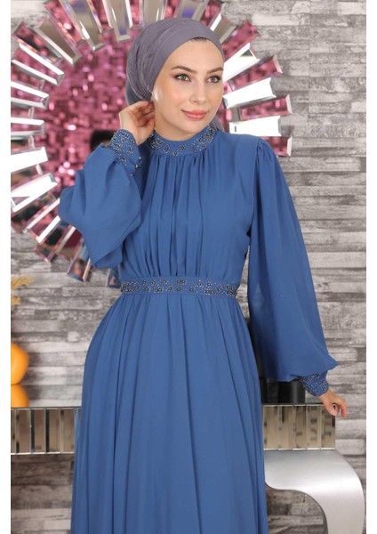 Taş Detaylı Şifon Abiye Indigo 19109 fiyatları