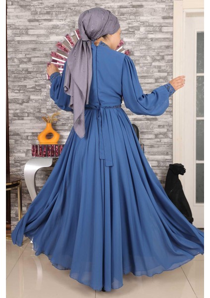 Taş Detaylı Şifon Abiye Indigo 19109 indirimleri