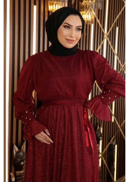 Taş Detaylı Simli Şifon Abiye Bordo 19113 fiyatları
