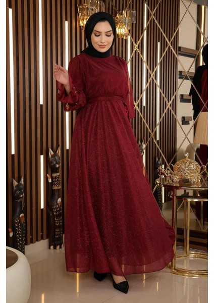 Taş Detaylı Simli Şifon Abiye Bordo 19113 modelleri