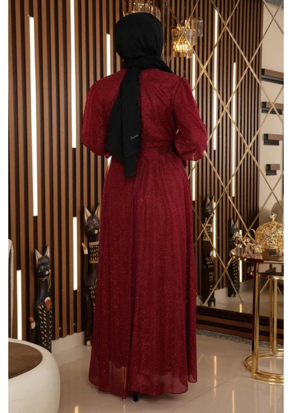 Taş Detaylı Simli Şifon Abiye Bordo 19113 fırsatları