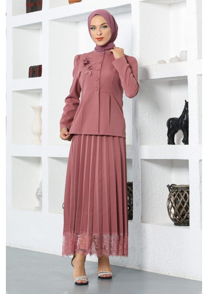 Dantel Detaylı Etekli Takım Gül Kurusu 17100