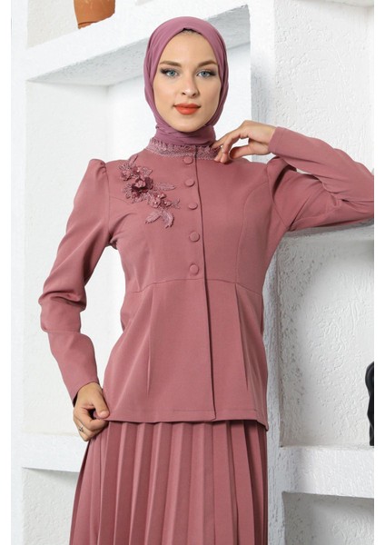 Dantel Detaylı Etekli Takım Gül Kurusu 17100 fiyatları