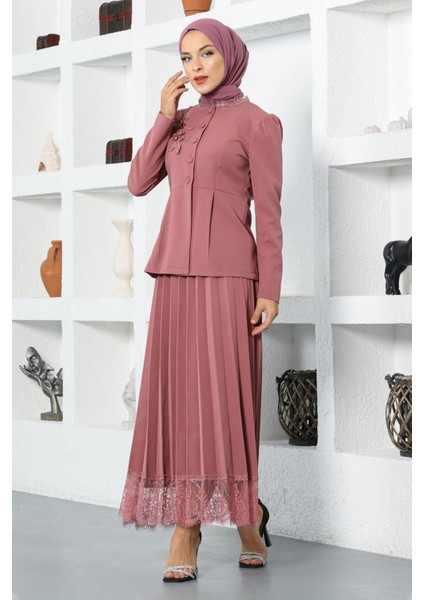 Dantel Detaylı Etekli Takım Gül Kurusu 17100 modelleri