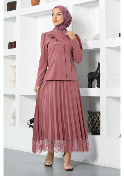 Dantel Detaylı Etekli Takım Gül Kurusu 17100 fırsatları