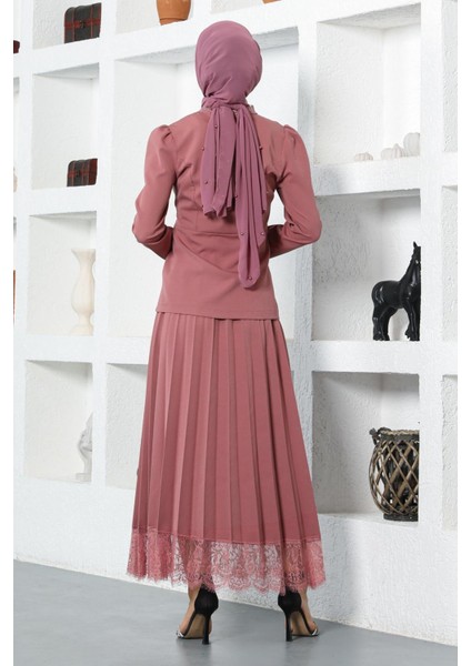 Dantel Detaylı Etekli Takım Gül Kurusu 17100 indirimleri