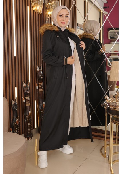 Büyük Beden Kapşonlu Ribanalı Mont Siyah 15500 modelleri