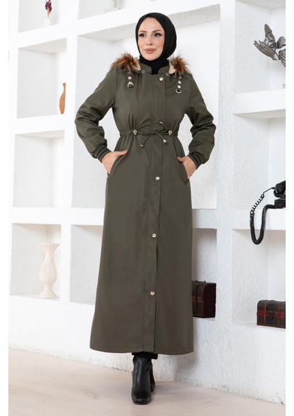 Büyük Beden Kapşonlu Ribanalı Mont Haki 15500