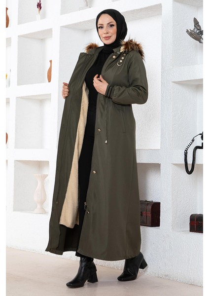 Büyük Beden Kapşonlu Ribanalı Mont Haki 15500 modelleri