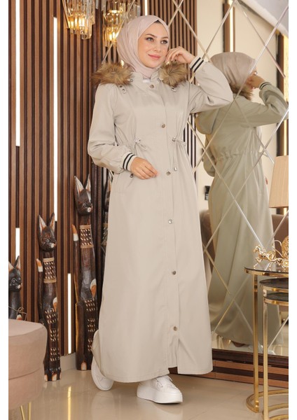 Büyük Beden Kapşonlu Ribanalı Mont Bej 15500