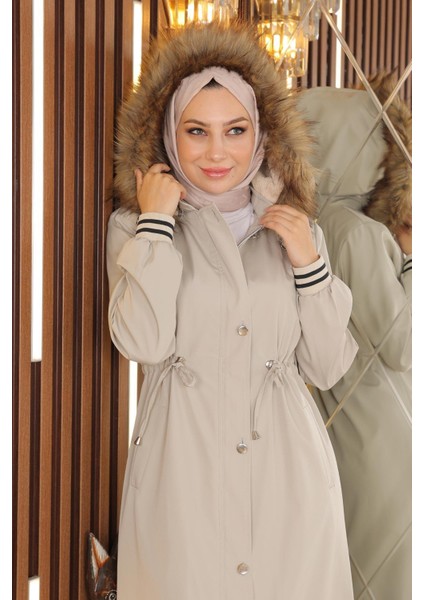 Büyük Beden Kapşonlu Ribanalı Mont Bej 15500 fiyatları