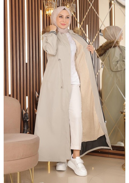 Büyük Beden Kapşonlu Ribanalı Mont Bej 15500 modelleri