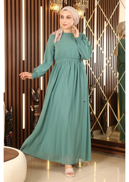 Manşeti Lastikli Şifon Abiye Mint 12003