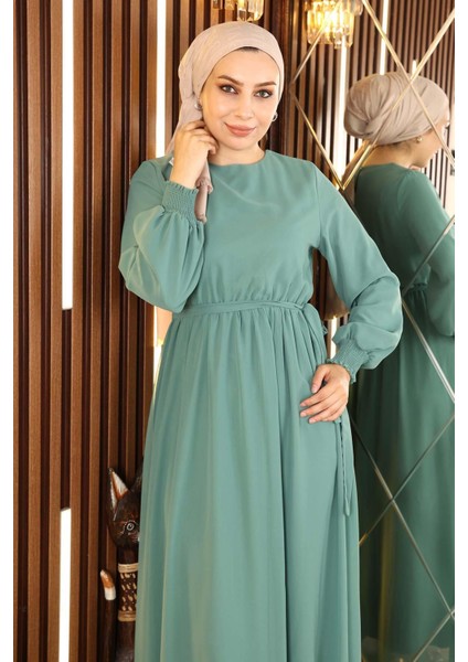 Manşeti Lastikli Şifon Abiye Mint 12003 fiyatları