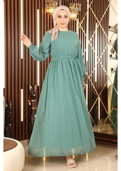 Manşeti Lastikli Şifon Abiye Mint 12003 modelleri