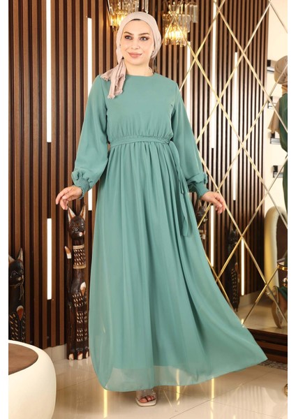 Manşeti Lastikli Şifon Abiye Mint 12003 fırsatları