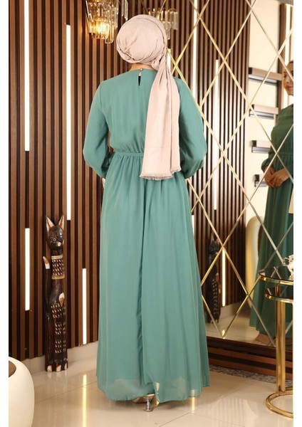 Manşeti Lastikli Şifon Abiye Mint 12003 indirimleri