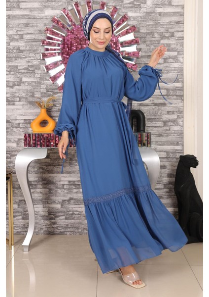 Dantel Detaylı Şifon Abiye Mavi 19143 modelleri