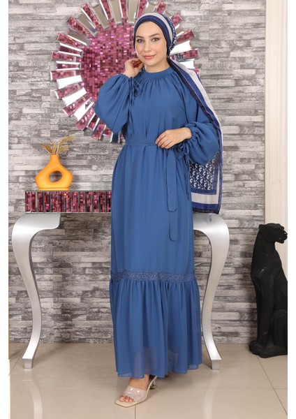 Dantel Detaylı Şifon Abiye Mavi 19143 fırsatları