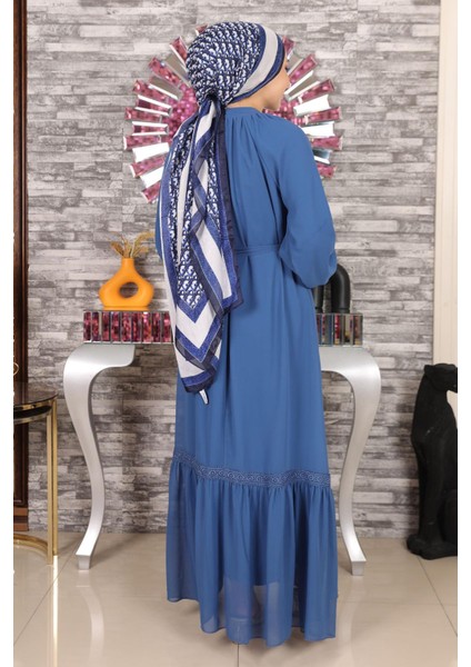 Dantel Detaylı Şifon Abiye Mavi 19143 indirimleri