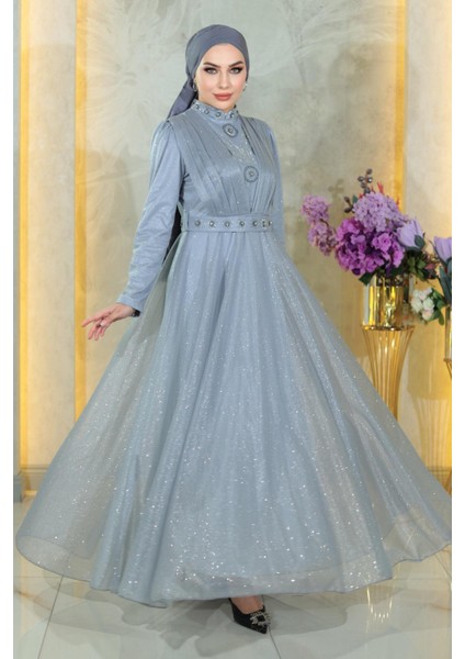 Taş Detaylı Göğsü Drapeli Simli Abiye Gümüş MSW19188