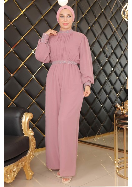 Taş Detaylı Şifon Tulum Abiye Gül Kurusu MSW9153 modelleri