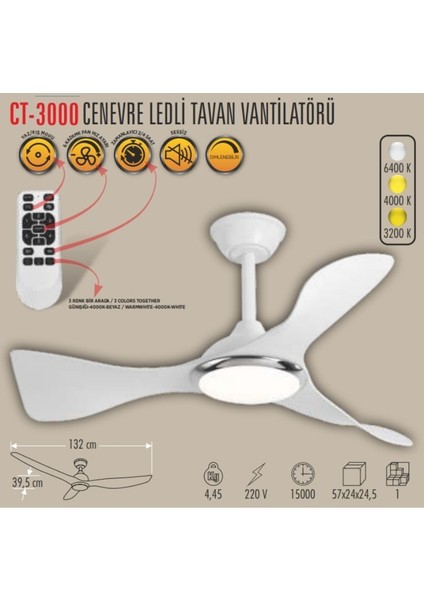 Cenevre Ledli Tavan Vantilatörü CT-3000 fiyatları