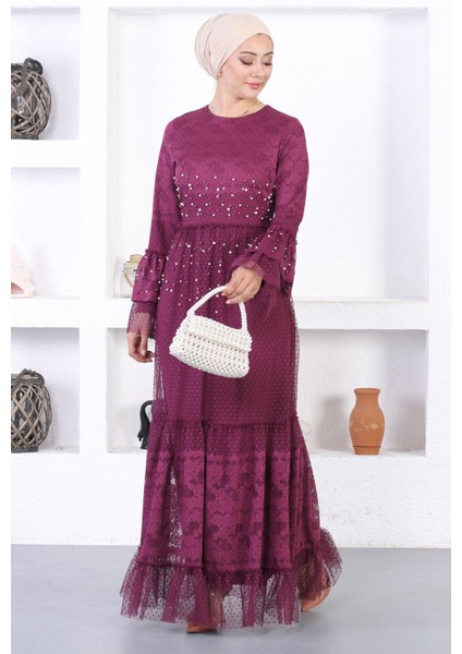 Incili Dantelli Volan Kol Abiye Mürdüm 12213