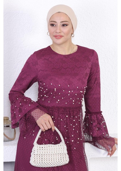 Incili Dantelli Volan Kol Abiye Mürdüm 12213 fiyatları