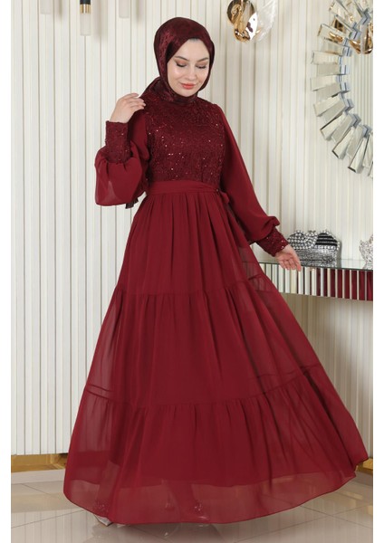 Pulpayetli Şifon Abiye Bordo 19187 modelleri