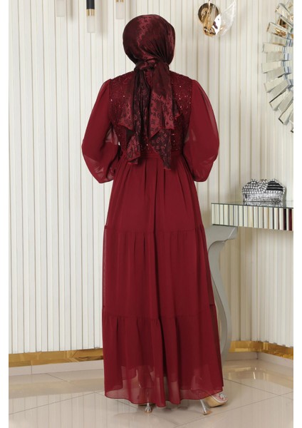 Pulpayetli Şifon Abiye Bordo 19187 fırsatları