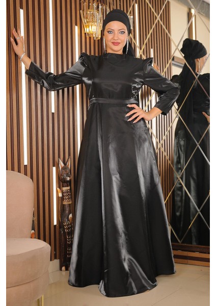 Omuz Büzgülü Büyük Beden Abiye Siyah MSW19128