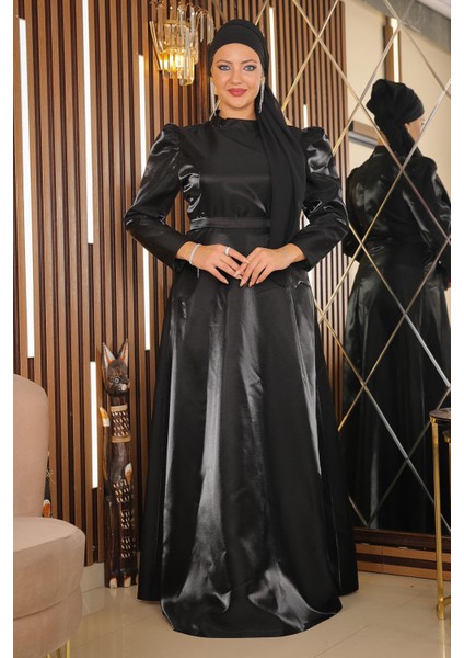 Omuz Büzgülü Büyük Beden Abiye Siyah MSW19128 modelleri