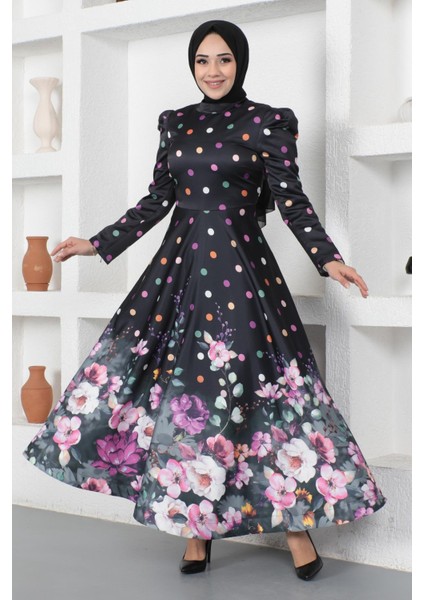Çiçekli Puantiyeli Saten Abiye Siyah MSW12251