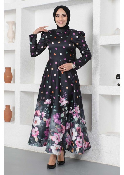 Çiçekli Puantiyeli Saten Abiye Siyah MSW12251 modelleri