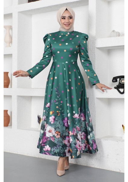 Çiçekli Puantiyeli Saten Abiye Zümrüt Msw