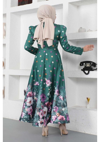 Çiçekli Puantiyeli Saten Abiye Zümrüt Msw indirimleri