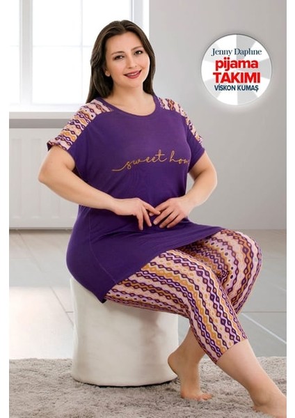 Lady Büyük Beden Desenli Kısa Kol Viskon Kumaş Kapri Pijama Takımı