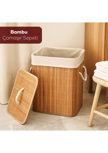 Porsima PBT-053 Kapaklı Kirli Çamaşır Sepeti Dikdörtgen - Bambu Kirli Çamaşır Sepeti