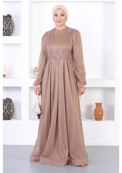 Incili Dantelli Simli Abiye Vizon 12252