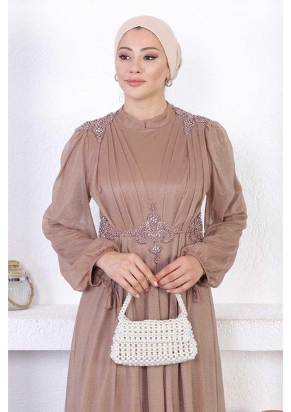 Incili Dantelli Simli Abiye Vizon 12252 fiyatları