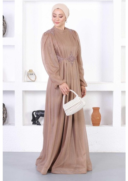 Incili Dantelli Simli Abiye Vizon 12252 modelleri