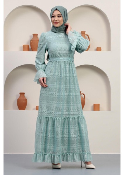 Inci Detaylı Dantel Abiye Mint 12239