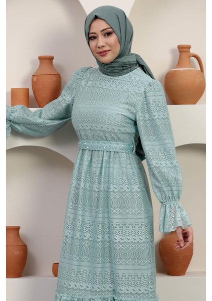 Inci Detaylı Dantel Abiye Mint 12239 fiyatları