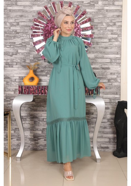 Dantel Detaylı Şifon Elbise Mint 19143